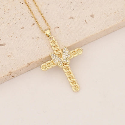 Commute Cross Copper Inlay 18K Gold Plated Zircon Pendant Necklace