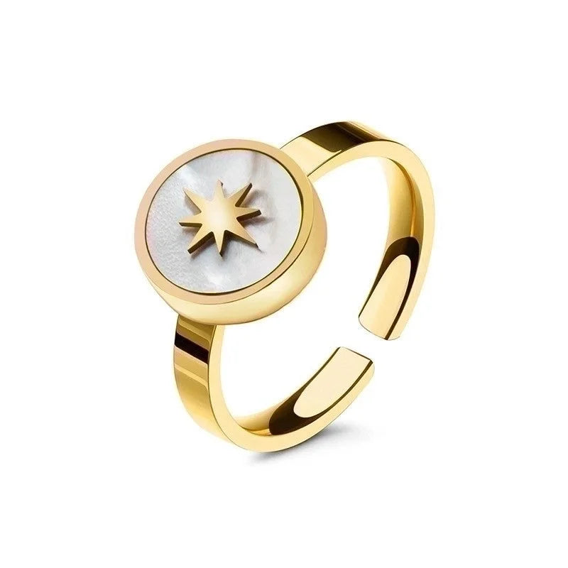 Fashion Geometric 304 Stainless Steel Natural Stone Shell 14K Gold Plated Plating Open Ring