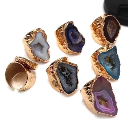 5 Pieces Classic Style Commute Color Block Agate Artificial Gemstones Rings In Bulk