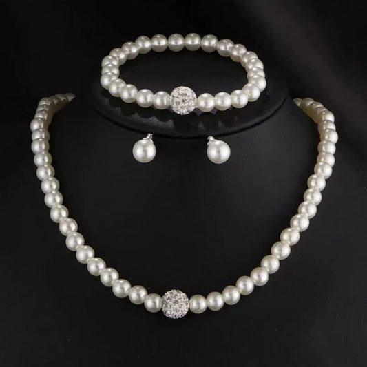 Creative Imitation Pearl Necklace Bracelet Earrings Suit Three-piece Set Bridal Jewelry Accessories Cross