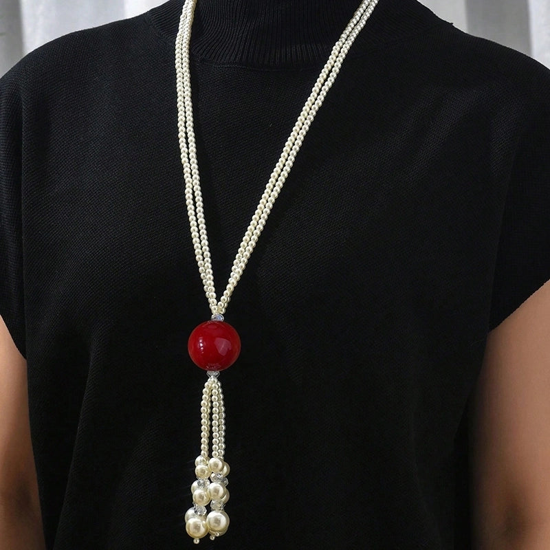 Minimalist Color Block Imitation Pearl Beaded Women's Sweater Chain