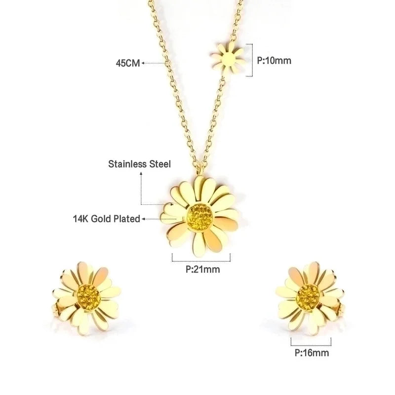 Minimalist Flower Stainless Steel Inlay Zircon Earrings Necklace 1 Set