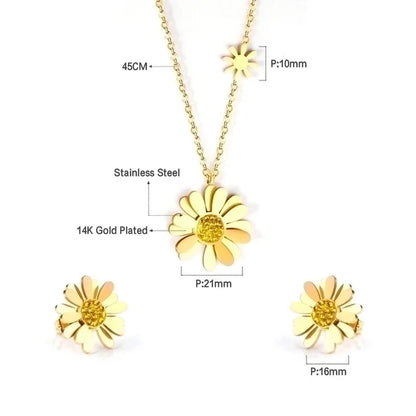 Minimalist Flower Stainless Steel Inlay Zircon Earrings Necklace 1 Set