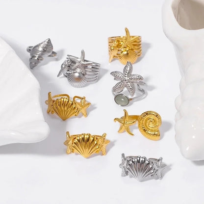 Beach Starfish Conch Shell 304 Stainless Steel 18K Gold Plated Plating Open Rings