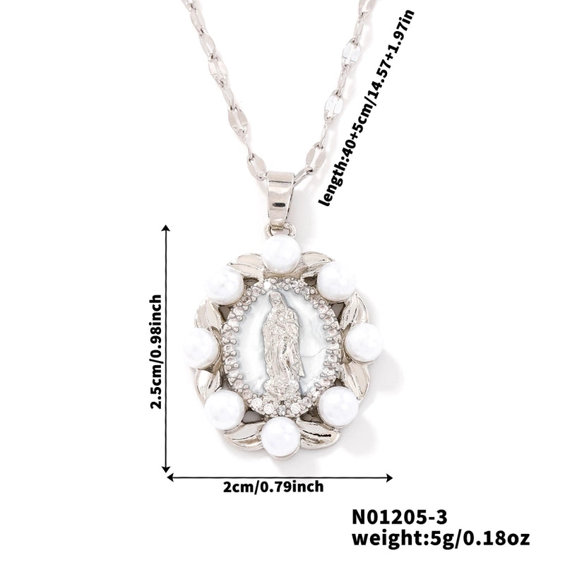Vintage Style Religion Artistic Round Virgin Mary 304 Stainless Steel Copper Zircon K Gold Plated Inlay Pendant Necklace