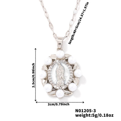 Vintage Style Religion Artistic Round Virgin Mary 304 Stainless Steel Copper Zircon K Gold Plated Inlay Pendant Necklace