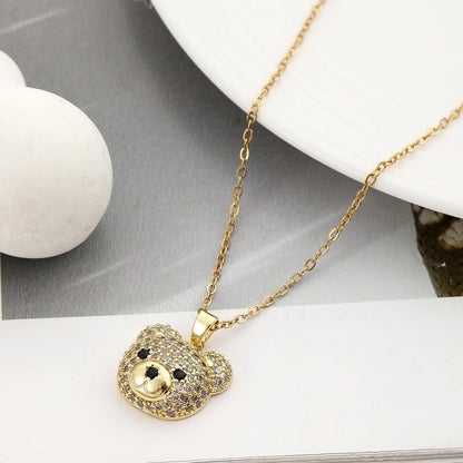 304 Stainless Steel Copper 18K Gold Plated Inlay Bear Zircon Pendant Necklace