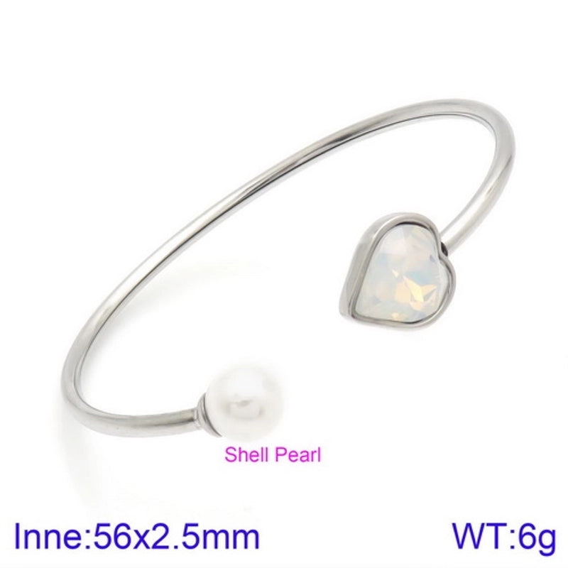 Modern Style Minimalist Heart Shape Stainless Steel Titanium Steel 18K Gold Plated Glass Stone Pearl Bangle In Bulk