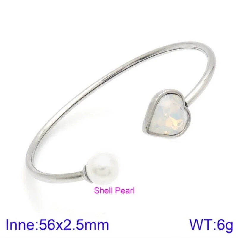 Modern Style Minimalist Heart Shape Stainless Steel Titanium Steel 18K Gold Plated Glass Stone Pearl Bangle In Bulk