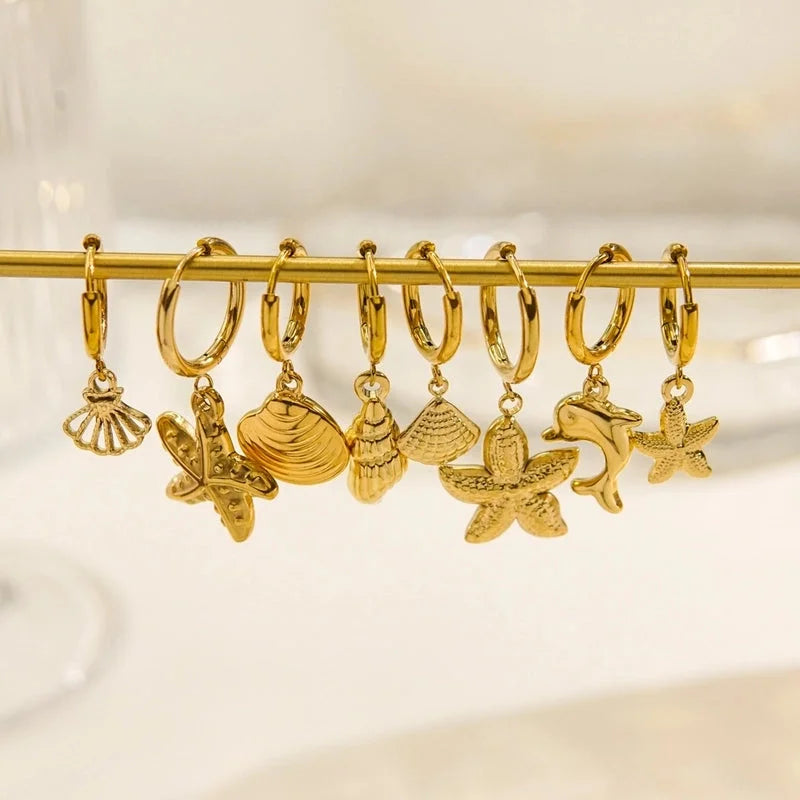3 Pieces Beach Tortoise Starfish Shell Plating 304 Stainless Steel 14K Gold Plated Earrings