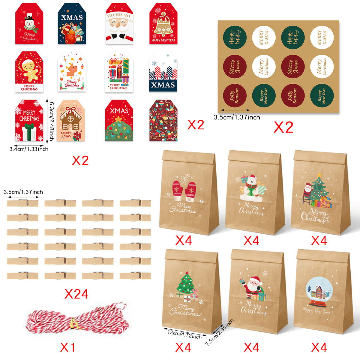 Christmas Gift Bag Christmas Advent Calendar Kraft Paper Gift Bag Christmas Packaging Bag 24 Sets