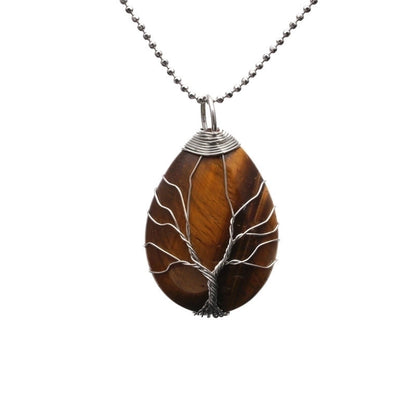 Retro Minimalist Tree Water Droplets Stainless Steel Natural Stone Agate Pendant Necklace In Bulk