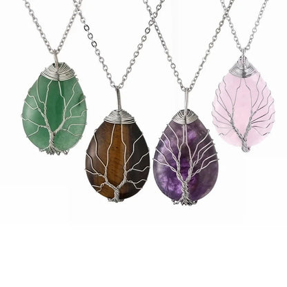 Retro Minimalist Tree Water Droplets Stainless Steel Natural Stone Agate Pendant Necklace In Bulk