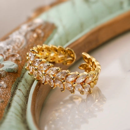 Vintage Style Minimalist Commute Leaf Copper Plating Inlay Zircon 18k Gold Plated Open Rings