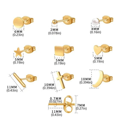 1 Pair Minimalist Pentagram Square Moon Inlay 304 Stainless Steel Pearl 18K Gold Plated Stainless Steel Earrings