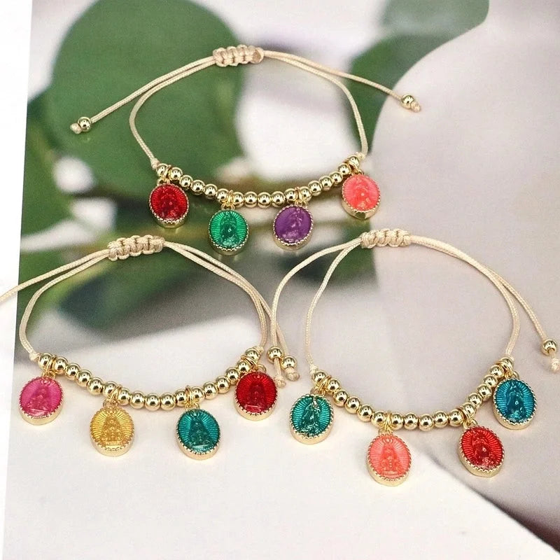Copper Beaded Enamel Human Virgin Mary Oval Bracelets