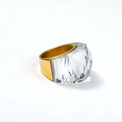 Elegant Lady Round Titanium Steel Plating Inlay Artificial Gemstones 18k Gold Plated Rings