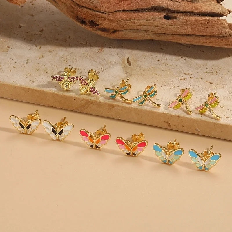 1 Pair Elegant Minimalist Commute Dragonfly Butterfly Enamel Inlay Copper Zircon 14K Gold Plated Ear Studs
