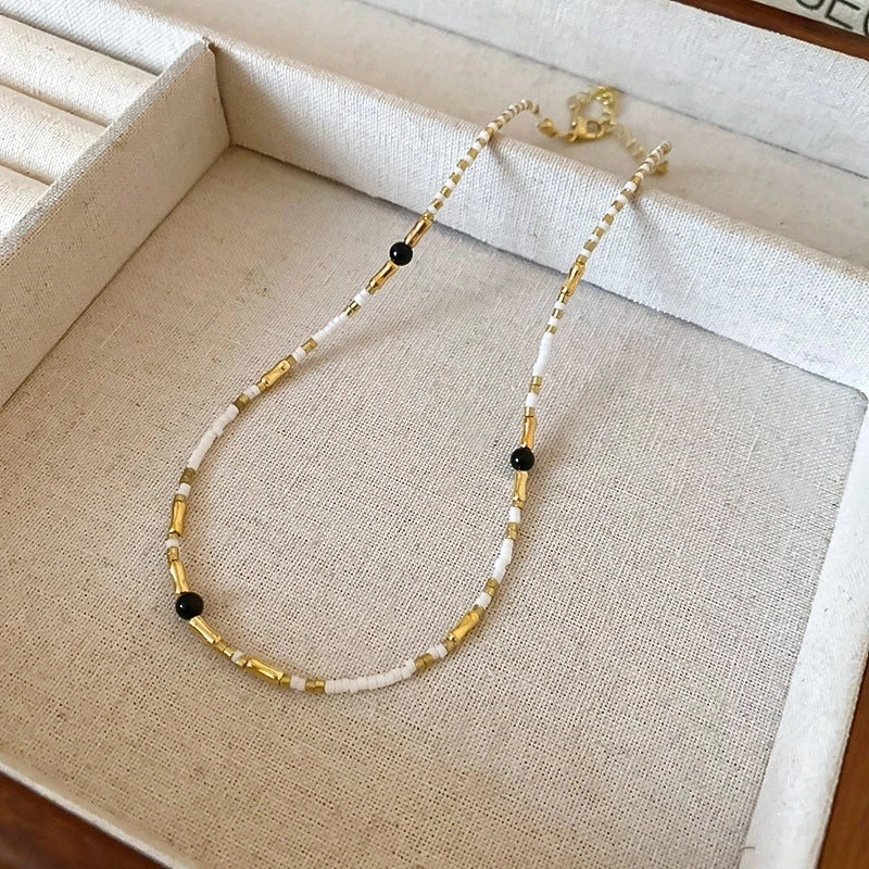 Natural Stone Freshwater Pearl Minimalist Beaded Geometric Necklace