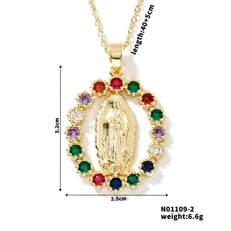 Vintage Style Classic Style Geometric Round Virgin Mary 304 Stainless Steel Copper Zircon K Gold Plated Inlay Pendant Necklace