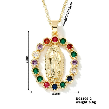 Vintage Style Classic Style Geometric Round Virgin Mary 304 Stainless Steel Copper Zircon K Gold Plated Inlay Pendant Necklace