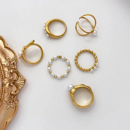 Retro French Style Geometric Titanium Steel Pearl Inlay Rings