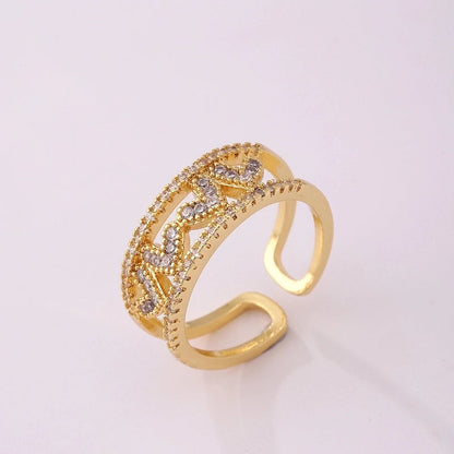 Lady Heart Shape Crown Flower Copper Zircon Inlay Open Rings