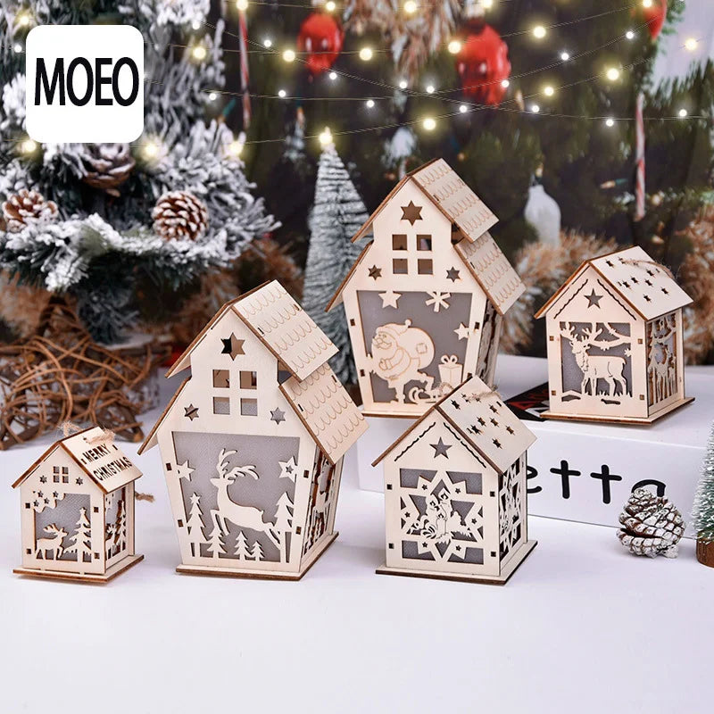 2 Pieces Christmas Decoration Christmas Glowing Wooden House Snow House Tree Decoration Pendant Diy Gift Window Display Wooden