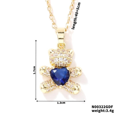 304 Stainless Steel Copper Rhodium Plated Inlay Bear Heart Shape Glass Zircon Pendant Necklace