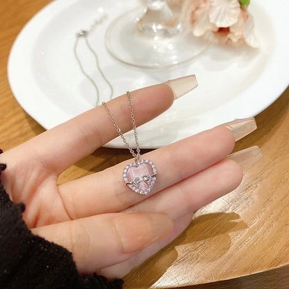 Minimalist Heart Shape Flower Bow Knot Titanium Steel Copper Plating Inlay Artificial Gemstones Pendant Necklace