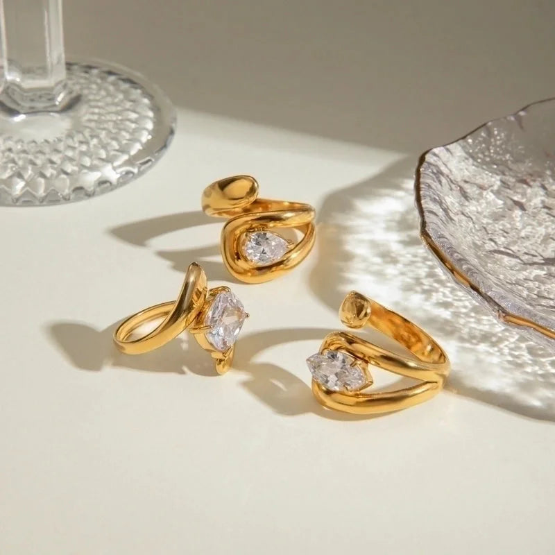 IG Style Geometric Square 304 Stainless Steel Zircon 18K Gold Plated Inlay Open Rings Rings