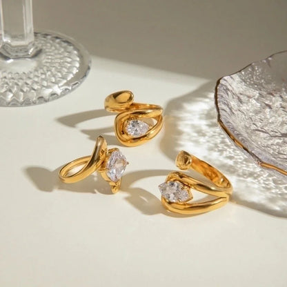 IG Style Geometric Square 304 Stainless Steel Zircon 18K Gold Plated Inlay Open Rings Rings