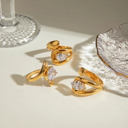 IG Style Geometric Square 304 Stainless Steel Zircon 18K Gold Plated Inlay Open Rings Rings