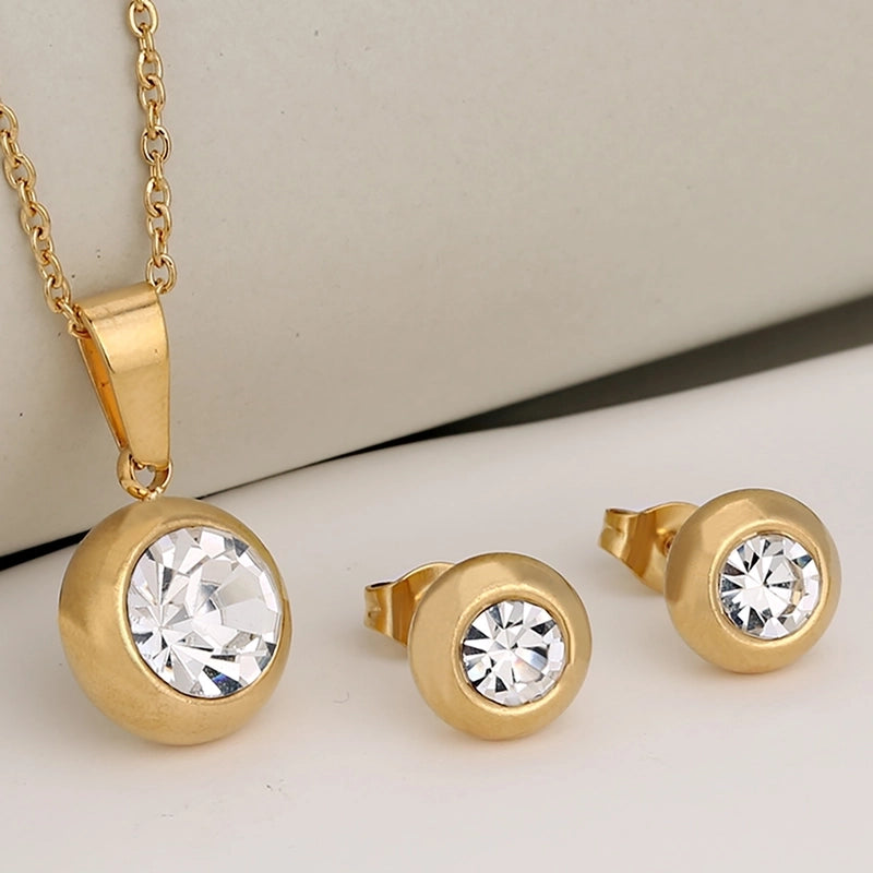 Luxurious Classic Style Shiny Round 304 Stainless Steel Crystal Zirconium 18K Gold Plated Plating Jewelry Set