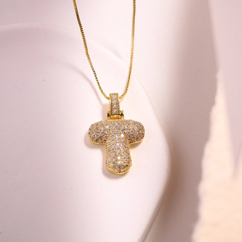 Vintage Style Letter Copper Plating Inlay Zircon 18k Gold Plated Pendant Necklace