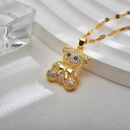 Cute Little Bear Titanium Steel Copper Zircon Gold Plated Inlay Pendant Necklace