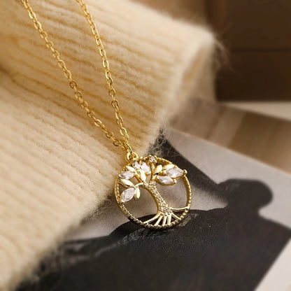 Minimalist Commute Bc1035 Lucky Tree Copper Plating Inlay Zircon 18k Gold Plated Pendant Necklace