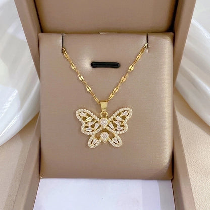 Minimalist Butterfly Titanium Steel Copper Plating Inlay Zircon Pendant Necklace