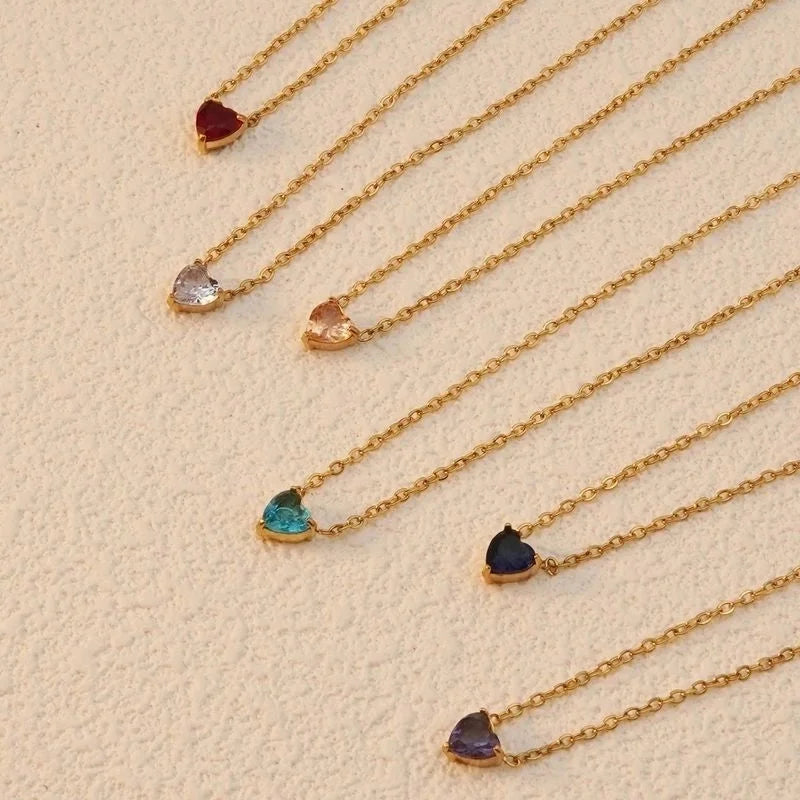 Sweet Minimalist Commute Heart Shape 304 Stainless Steel Rhinestones Birthstone 18K Gold Plated Inlay Necklace