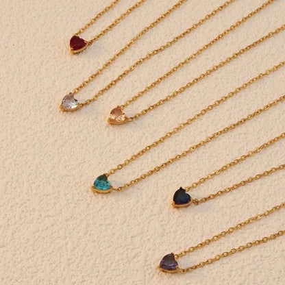 Sweet Minimalist Commute Heart Shape 304 Stainless Steel Rhinestones Birthstone 18K Gold Plated Inlay Necklace