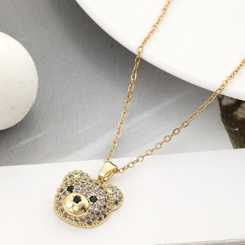 304 Stainless Steel Copper 18K Gold Plated Inlay Bear Zircon Pendant Necklace