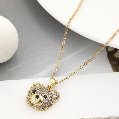 304 Stainless Steel Copper 18K Gold Plated Inlay Bear Zircon Pendant Necklace