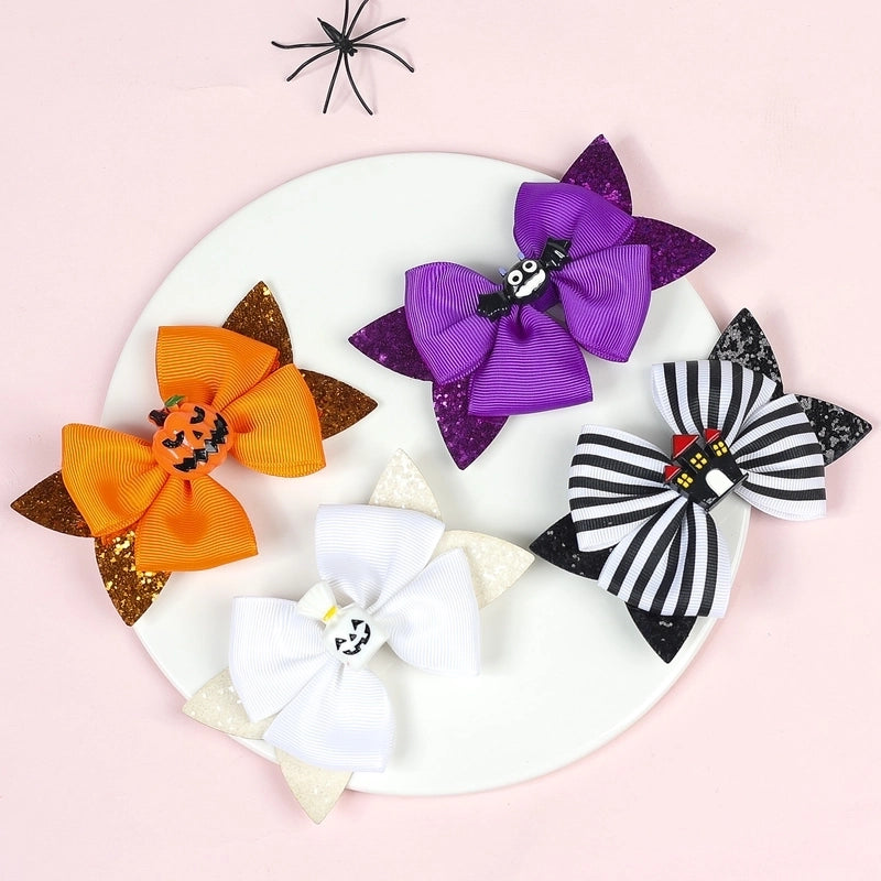 Funny Kid'S Halloween Pattern Pumpkin Bat Ribbon Sequins Bowknot Hair Clip