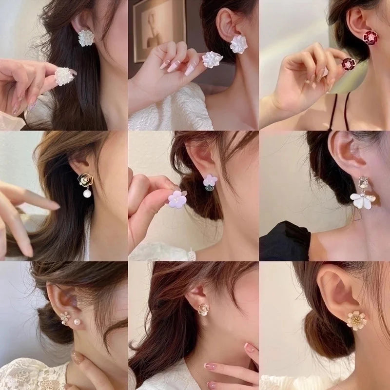 3 Pieces Sweet Heart Shape Rose Flower Inlay Imitation Pearl Alloy Rhinestones Earrings