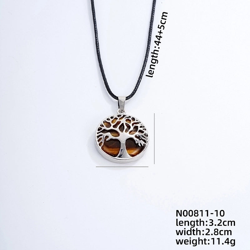 Ig Style Minimalist Round Tree Stainless Steel Natural Stone Leather Rope Inlay Natural Stone Pendant Necklace