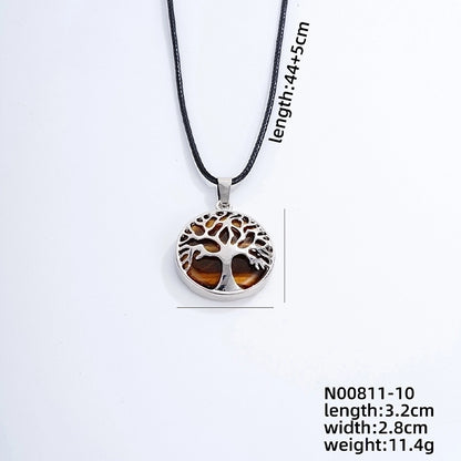 Ig Style Minimalist Round Tree Stainless Steel Natural Stone Leather Rope Inlay Natural Stone Pendant Necklace