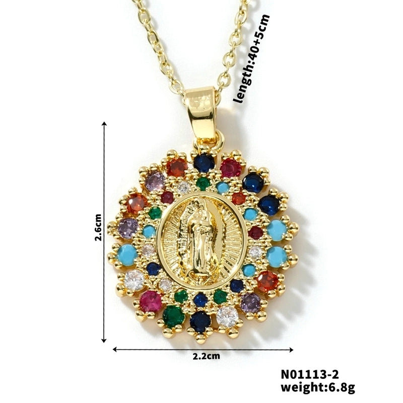 Vintage Style Classic Style Geometric Round Virgin Mary 304 Stainless Steel Copper Zircon K Gold Plated Inlay Pendant Necklace