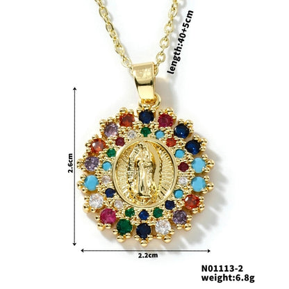 Vintage Style Classic Style Geometric Round Virgin Mary 304 Stainless Steel Copper Zircon K Gold Plated Inlay Pendant Necklace