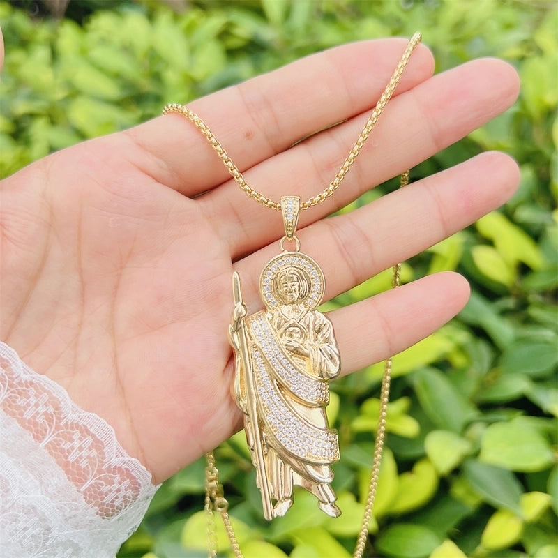 Copper 18K Gold Plated Plating Inlay Human Cross Life Tree Zircon Pendant Necklace