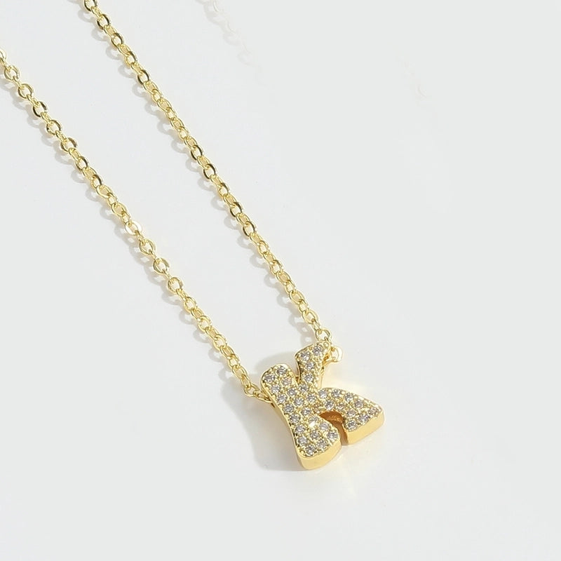 Copper 14K Gold Plated Vintage Style Minimalist Commute Inlay Letter Zircon Pendant Necklace
